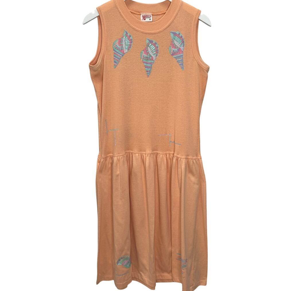 Vintage Sunbelt Sleeveless Midi Dress Coral Orange Puffy Seashells Birds Size L